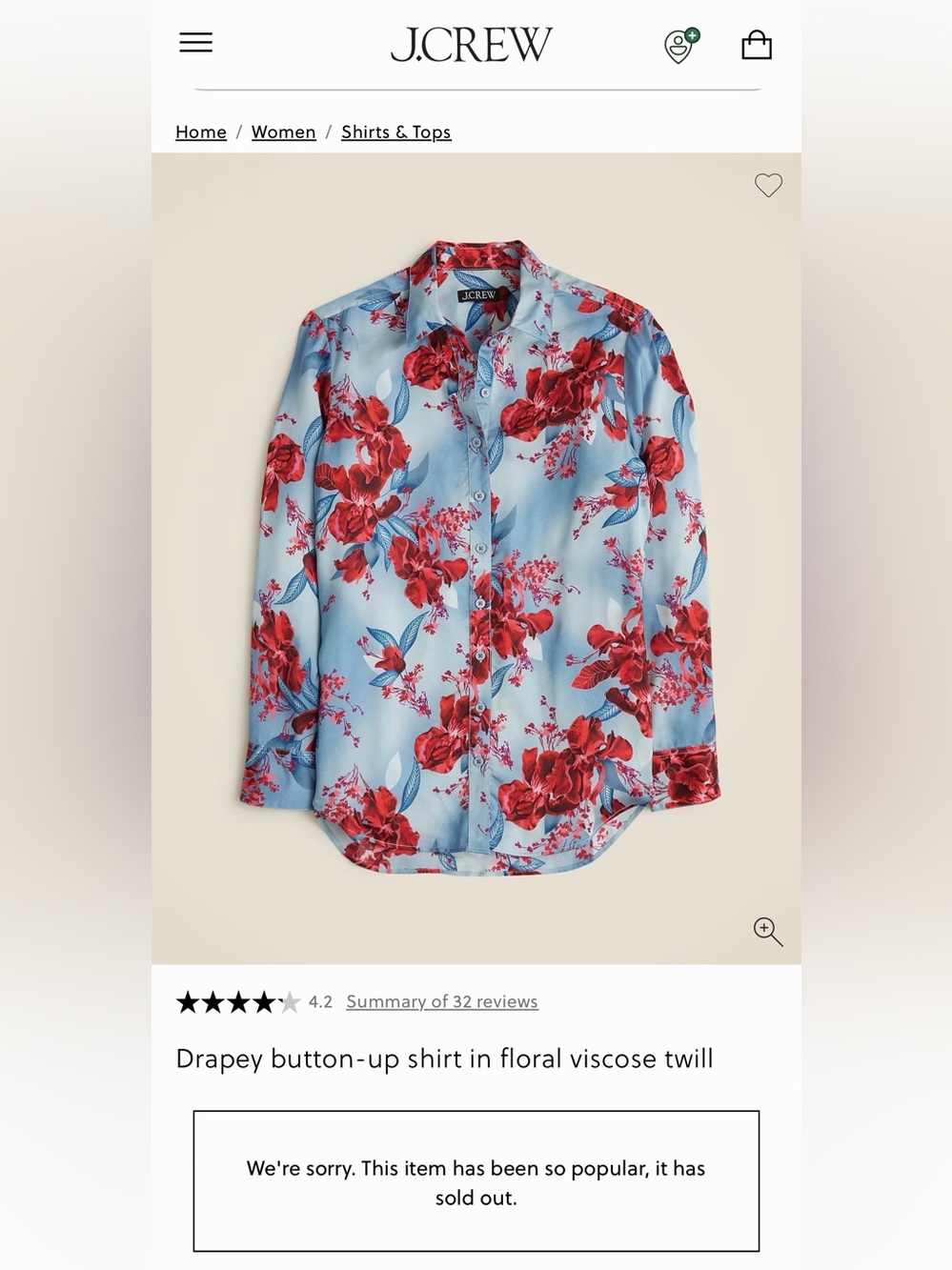 J. Crew Light Blue Drapey button-up shirt in floral viscose twill - size medium
